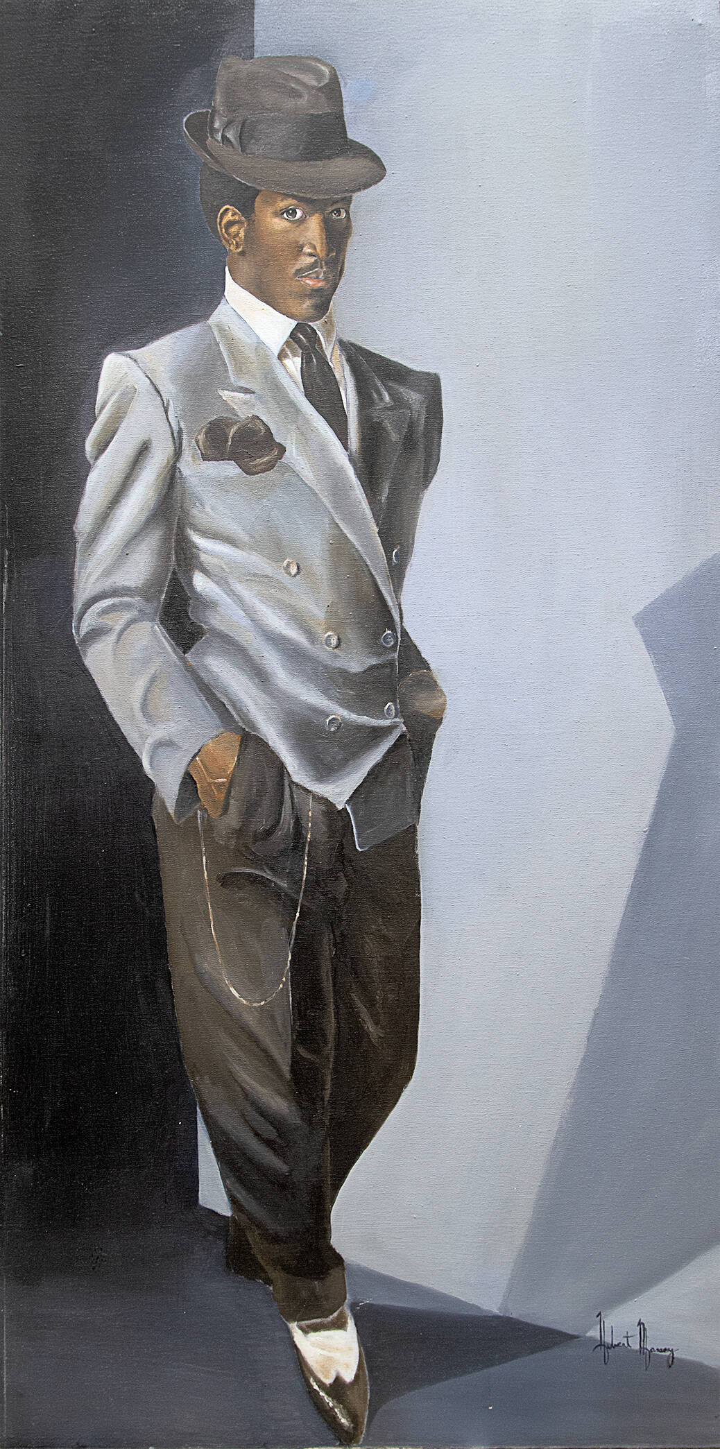Painting of a man wearing a light grey or blue suit, had and black and white shoes.